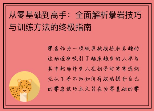 从零基础到高手：全面解析攀岩技巧与训练方法的终极指南